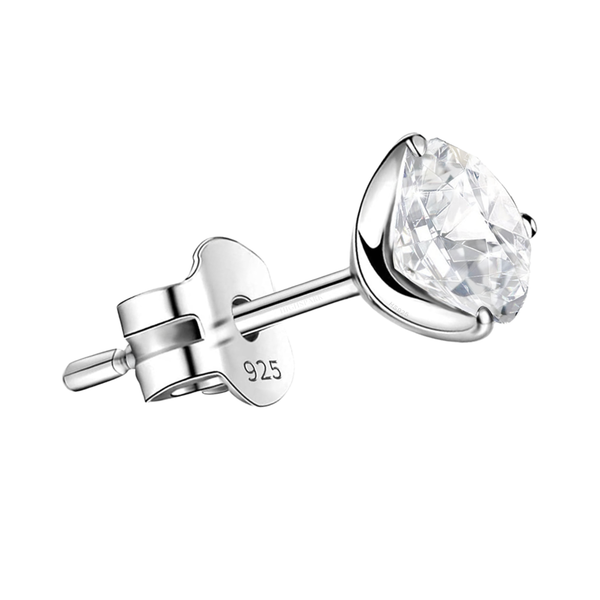 A single stud earring with a round American diamond in a three-prong setting and a push-back clasp, made from 925 sterling silver.
