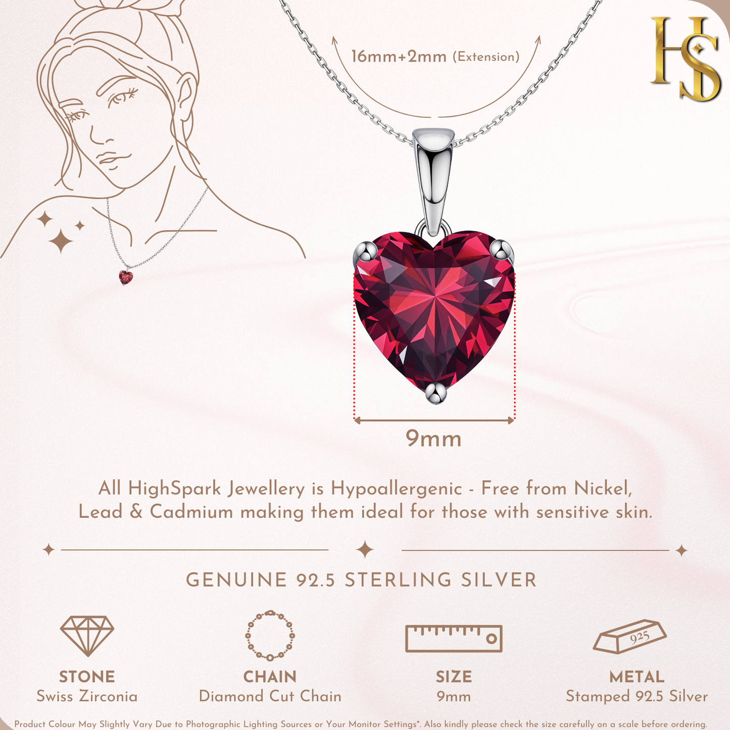 Infographic showing the dimensions of a sterling silver pendant necklace with a faceted, heart-shaped red stone in a three-prong setting.