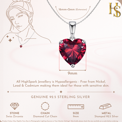 Infographic showing the dimensions of a sterling silver pendant necklace with a faceted, heart-shaped red stone in a three-prong setting.