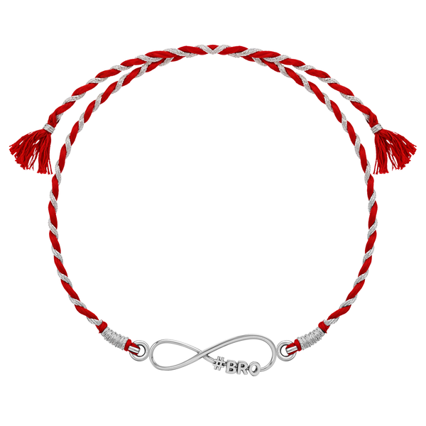 A 925 sterling silver rakhi for brother with an infinity knot centerpiece featuring '#BRO' on a twisted red and silver thread.