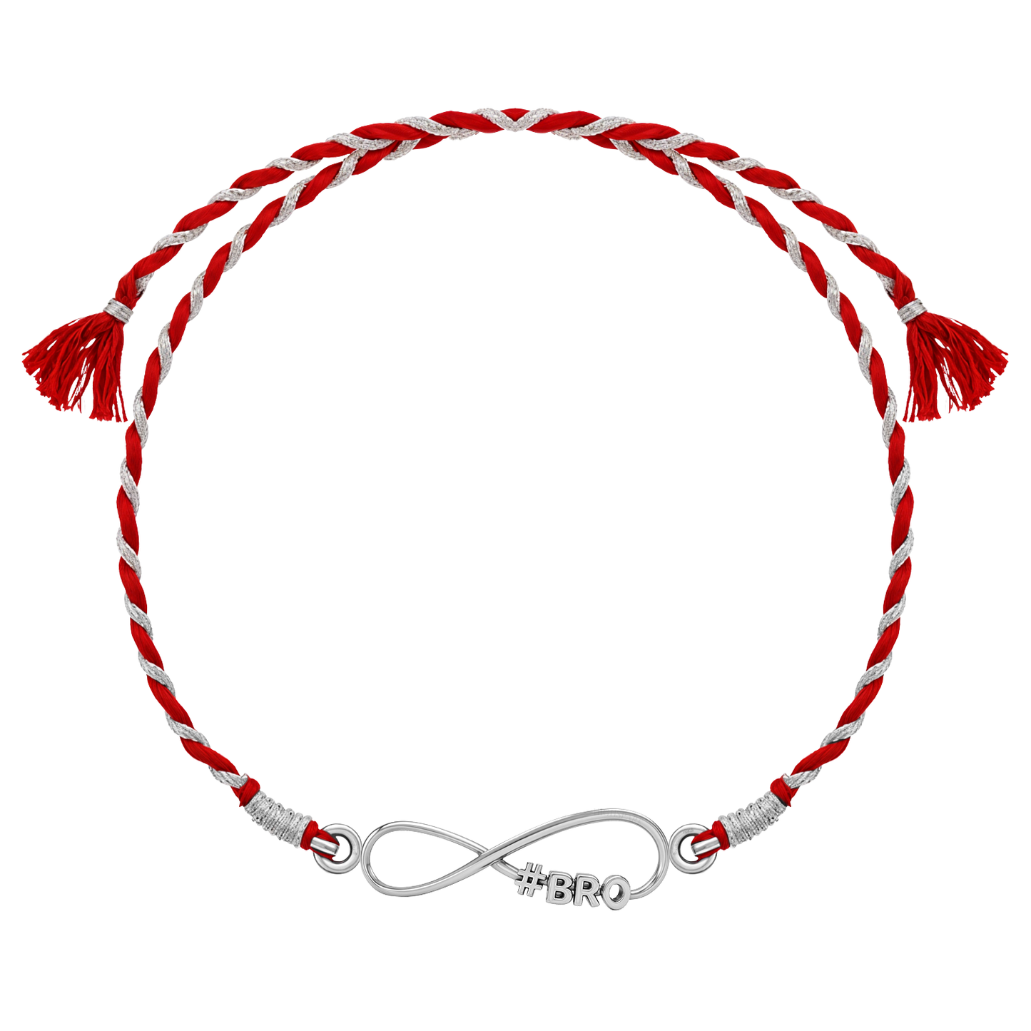 A 925 sterling silver rakhi for brother with an infinity knot centerpiece featuring '#BRO' on a twisted red and silver thread.