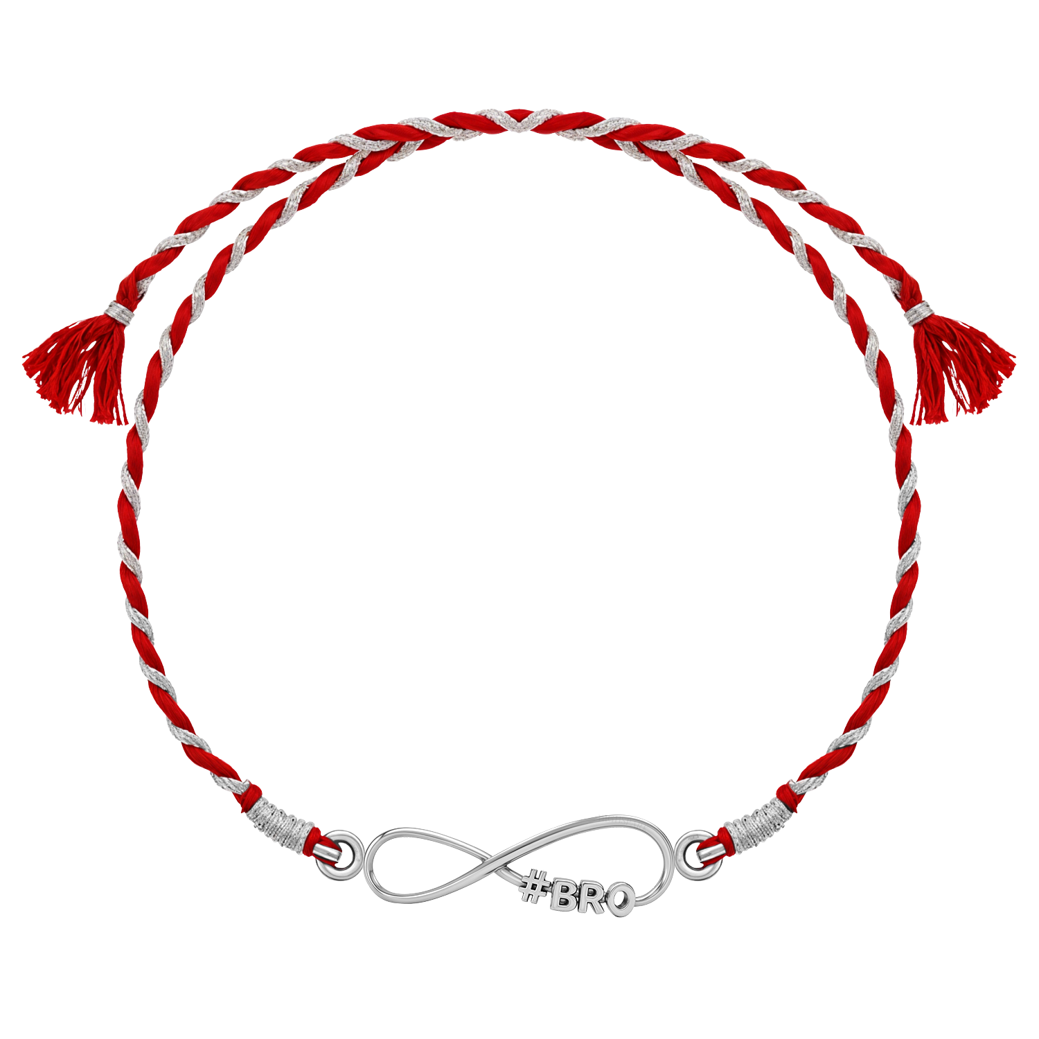 A 925 sterling silver rakhi for brother with an infinity knot centerpiece featuring '#BRO' on a twisted red and silver thread.