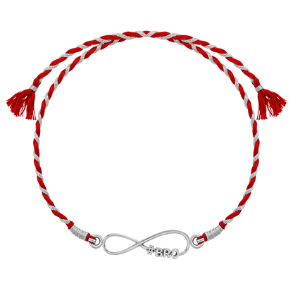 A 925 sterling silver rakhi for brother with an infinity knot centerpiece featuring '#BRO' on a twisted red and silver thread.