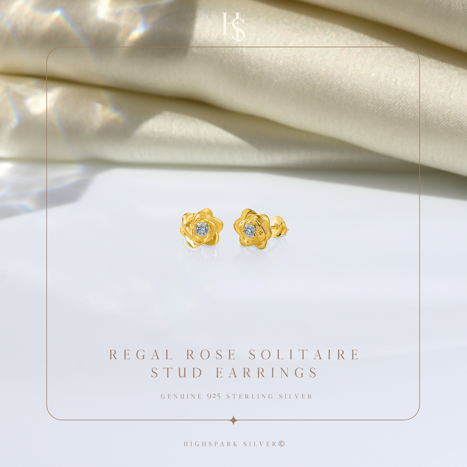 Regal Rose Solitaire Stud Earring in 925 Sterling Silver with 18k Gold Finish For Women HighSpark