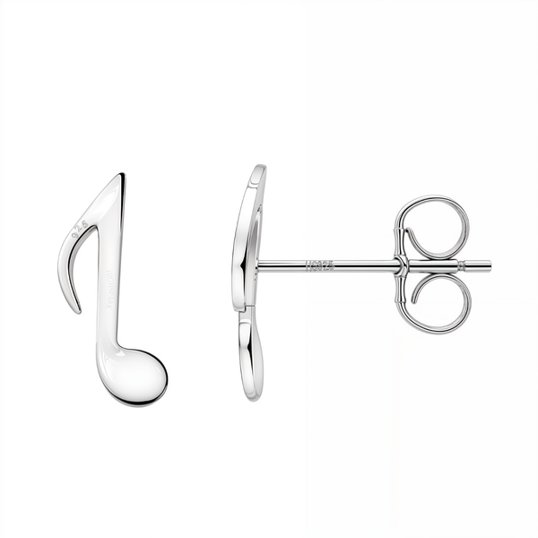 A pair of stud earrings shaped like musical eighth notes in polished sterling silver, shown on a plain white background.