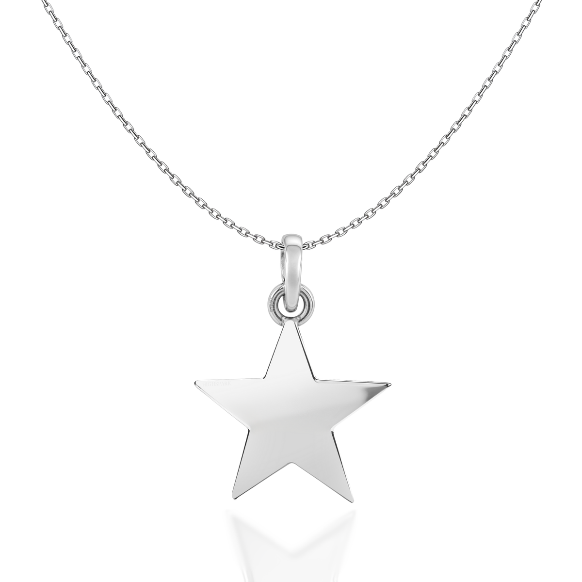 A sterling silver pendant necklace with a polished five-pointed star charm on a delicate chain, shown on a white reflective background.