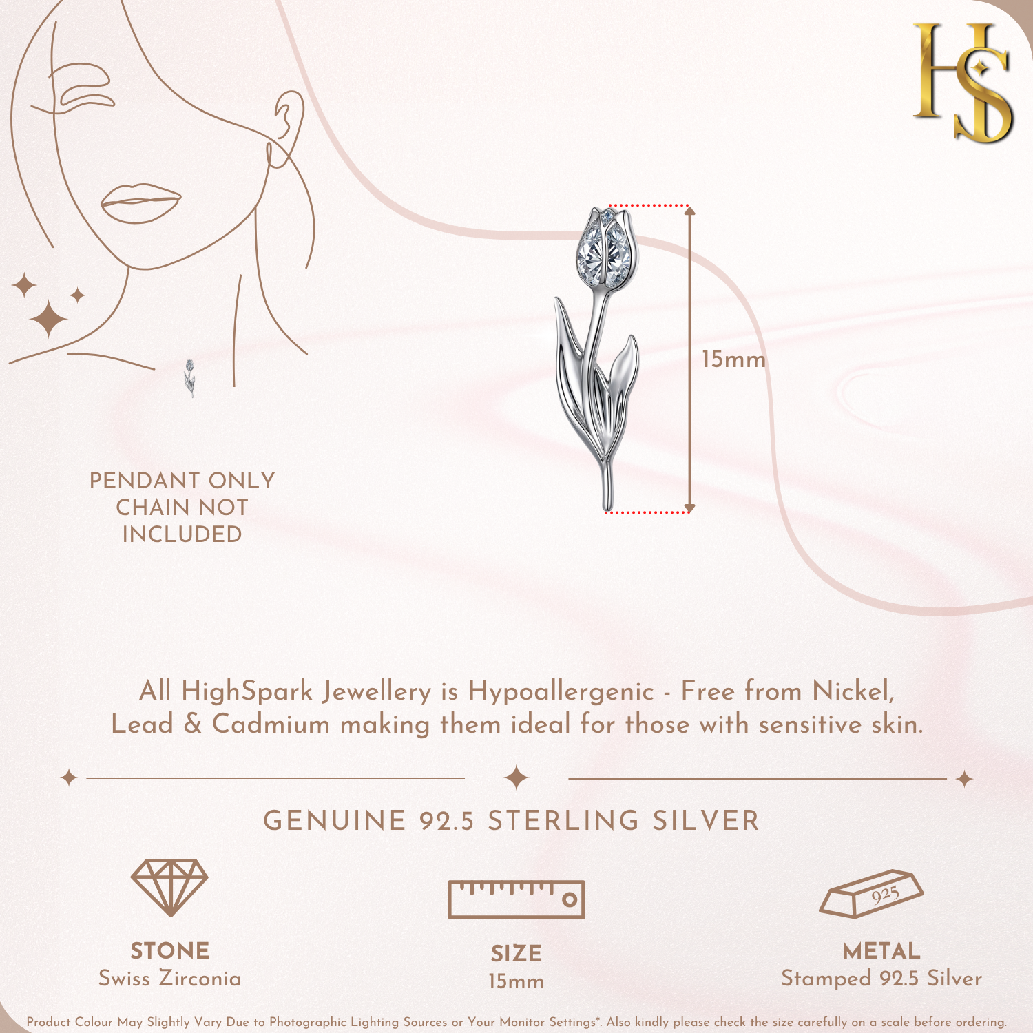 Rose Flower Solitaire Pendant in 92.5 Sterling Silver With Diamond like Brilliance Zirconia HighSpark