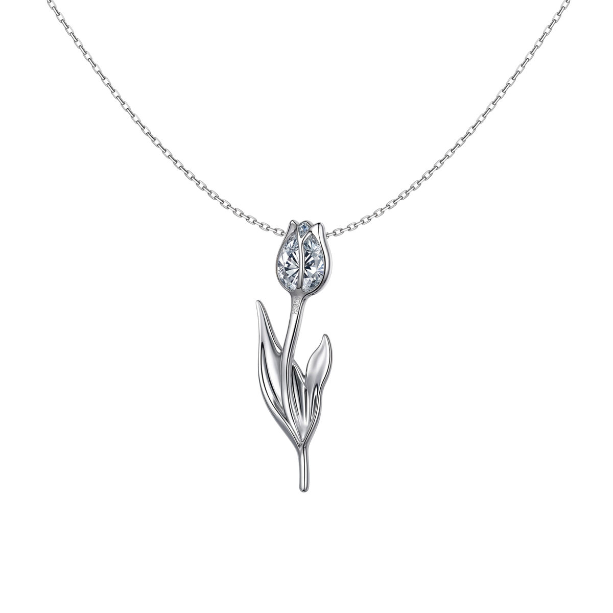 A sterling silver pendant necklace with a tulip flower bud holding a marquise-cut American diamond, shown on a plain white background.