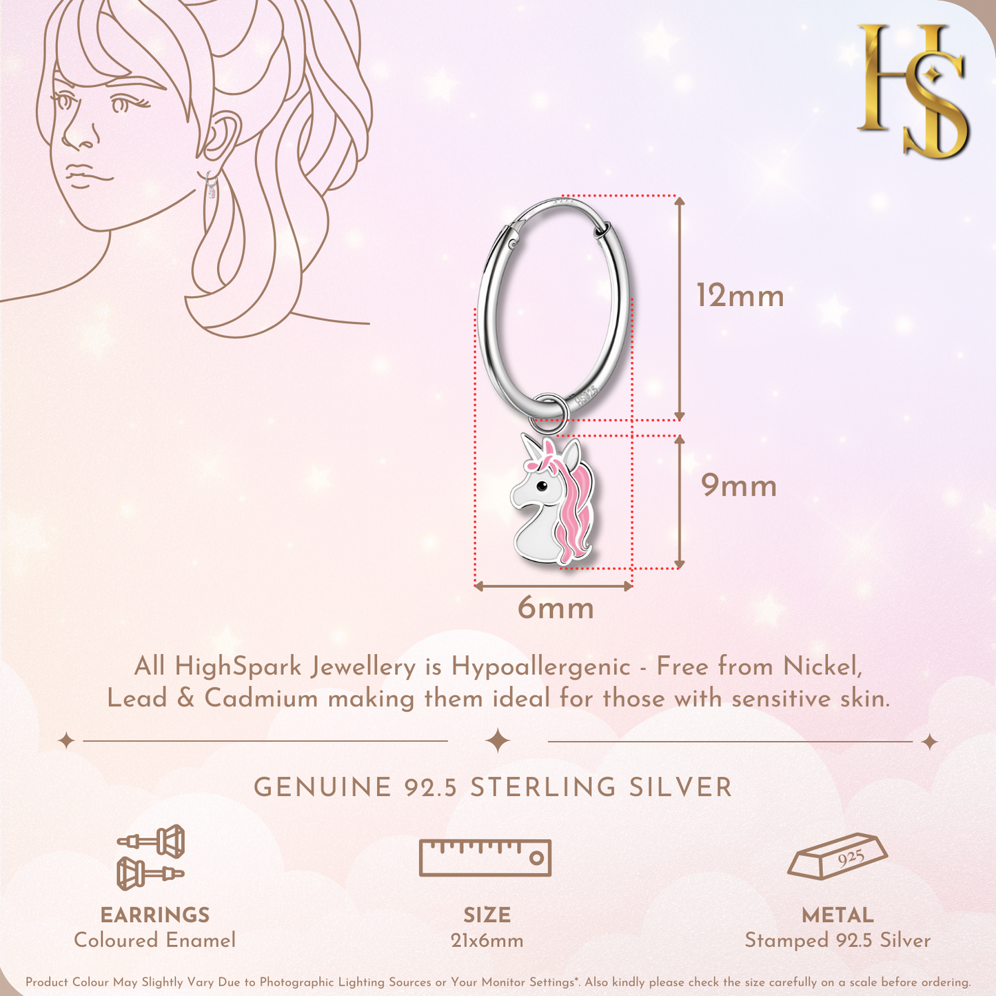 Roseate Unicorn Cute Enamel Dangle Hoops in 925 Sterling Silver HighSpark