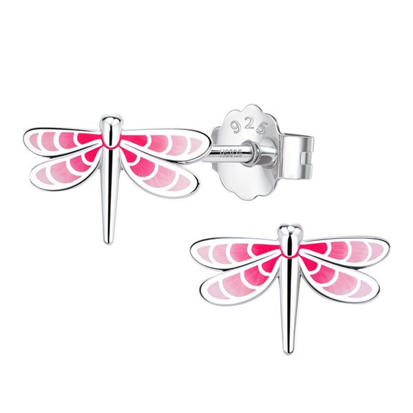 A pair of dragonfly stud earrings with pink enamel wings in sterling silver, shown with a push back on a white background.