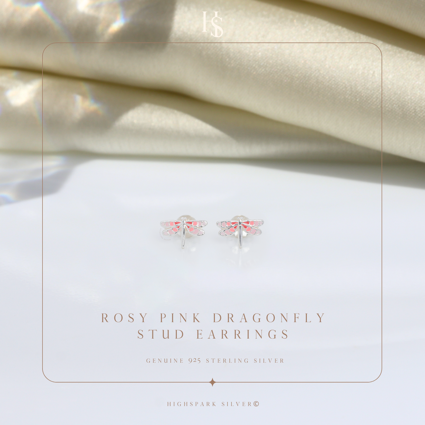 Rosy Pink Dragonfly Cute Enamel Stud Earrings in 925 Sterling Silver HighSpark