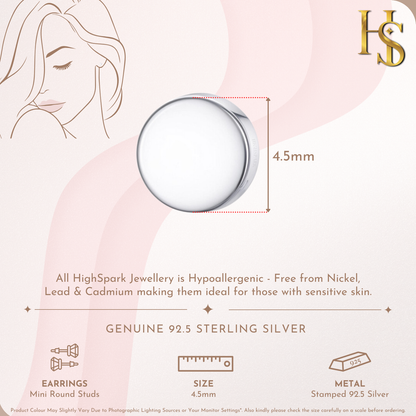 Round stud earrings size guide – 4.5mm flat polished 925 sterling silver disc