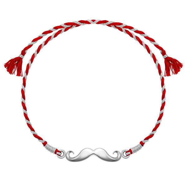 A 925 sterling silver rakhi for brother with a moustache motif on a red and silver braided thread, shown on a white background.