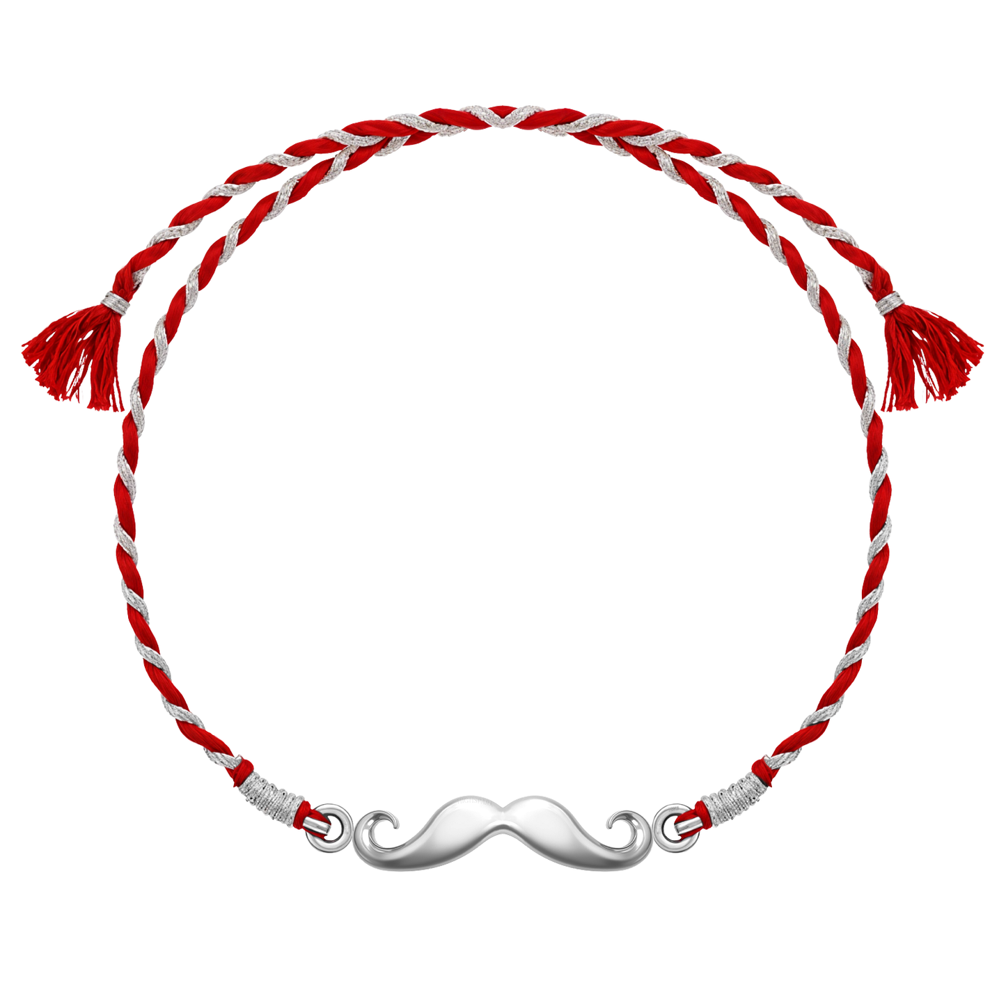 A 925 sterling silver rakhi for brother with a moustache motif on a red and silver braided thread, shown on a white background.