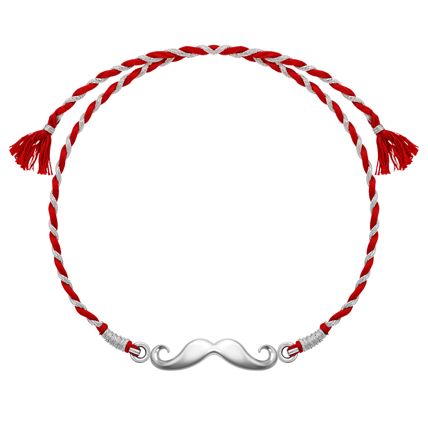 A 925 sterling silver rakhi for brother with a moustache motif on a red and silver braided thread, shown on a white background.