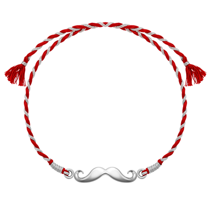 A 925 sterling silver rakhi for brother with a moustache motif on a red and silver braided thread, shown on a white background.