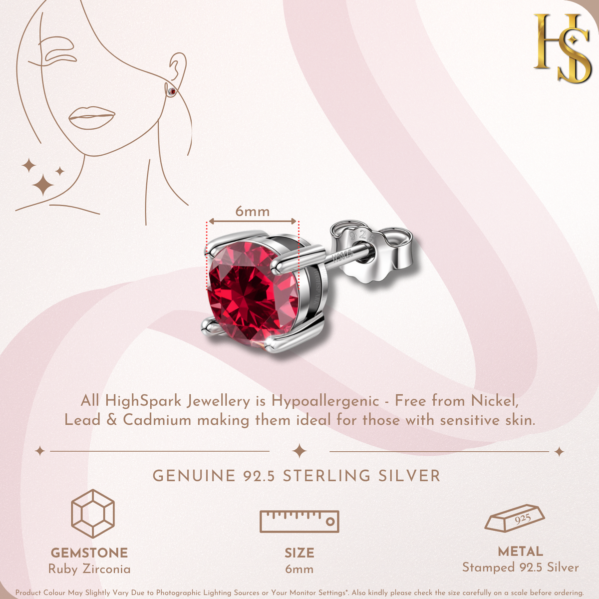 Infographic showing a solitaire stud earring with a round, ruby-red American diamond in a four-prong sterling silver setting.