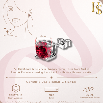 Infographic showing a solitaire stud earring with a round, ruby-red American diamond in a four-prong sterling silver setting.