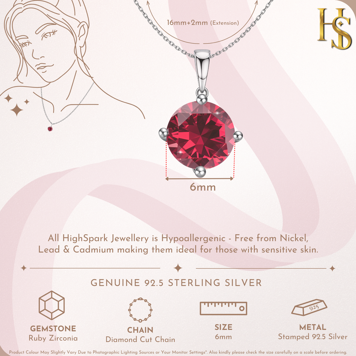 Ruby Zirconia Birthstone Pendant With Chain in 925 Sterling Silver For Women HighSpark