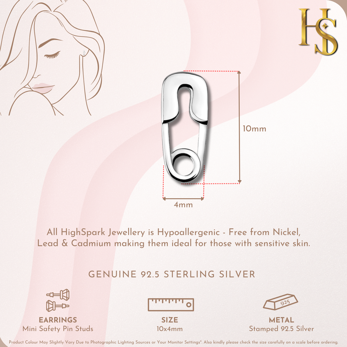 Safety pin earring size guide – 10mm x 4mm sterling silver pin stud with push-back