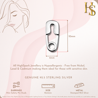 Safety pin earring size guide – 10mm x 4mm sterling silver pin stud with push-back