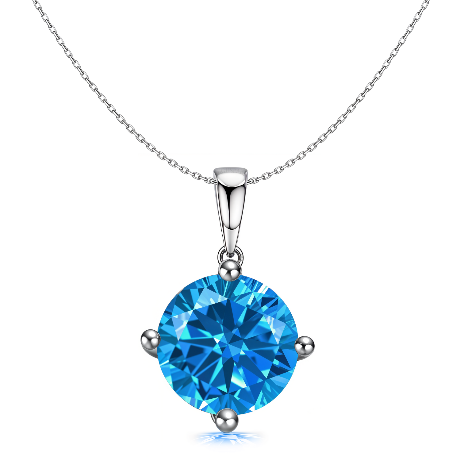 A pendant necklace with a round-cut sapphire blue stone in a four-prong setting on a sterling silver chain, shown on a white background.
