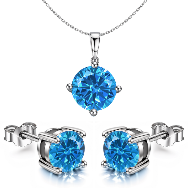 A sterling silver pendant necklace and stud earring set with round, brilliant-cut blue sapphire American diamonds in a four-prong setting.