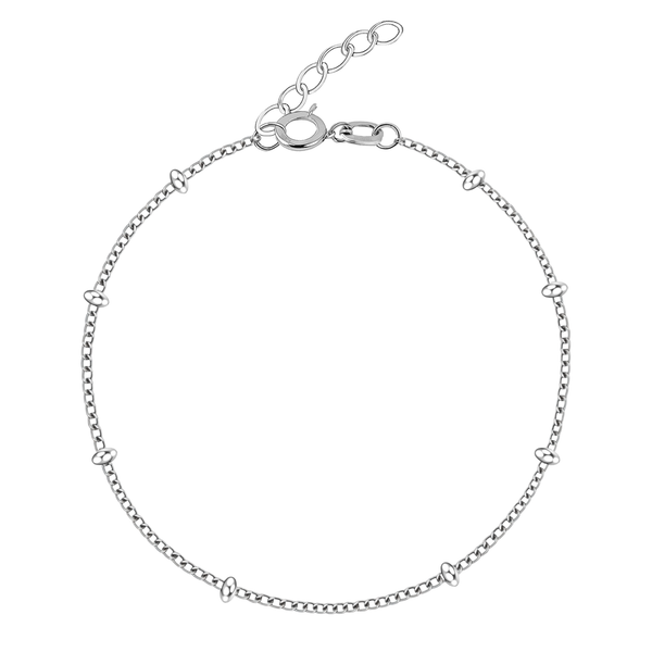 A sterling silver satellite chain bracelet with small oval beads and an adjustable clasp, shown on a white background.