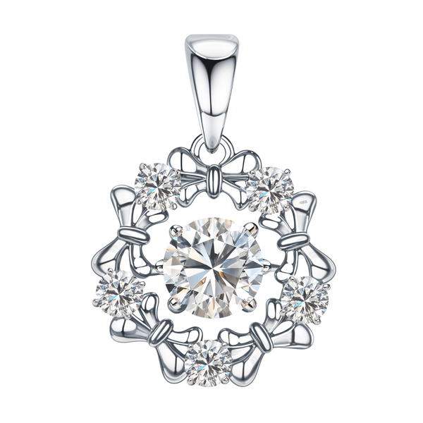 A sterling silver pendant with a central solitaire American diamond inside a wreath of smaller stones and polished silver bows.
