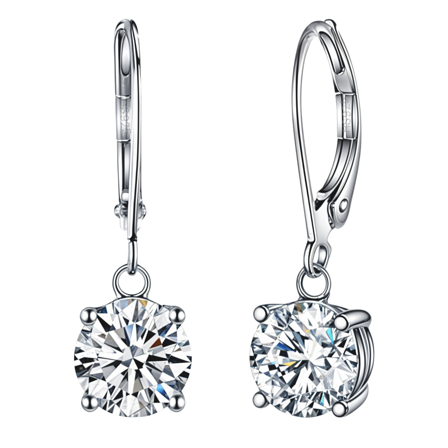 A pair of silver earrings for women with lever-back closures, featuring a round American diamond solitaire in a four-prong setting.