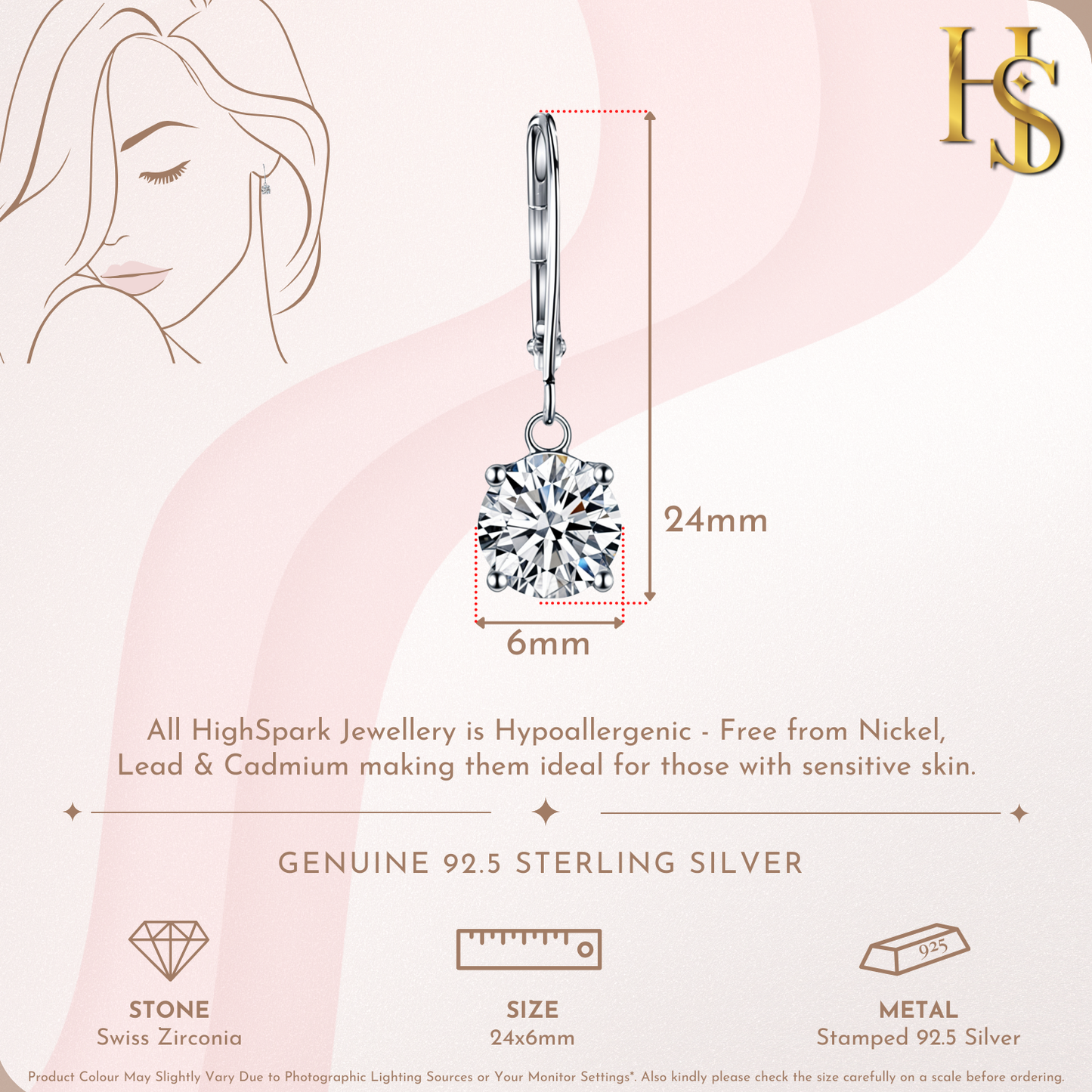 An infographic showing the dimensions of a sterling silver drop earring with a round American diamond solitaire in a four-prong setting.