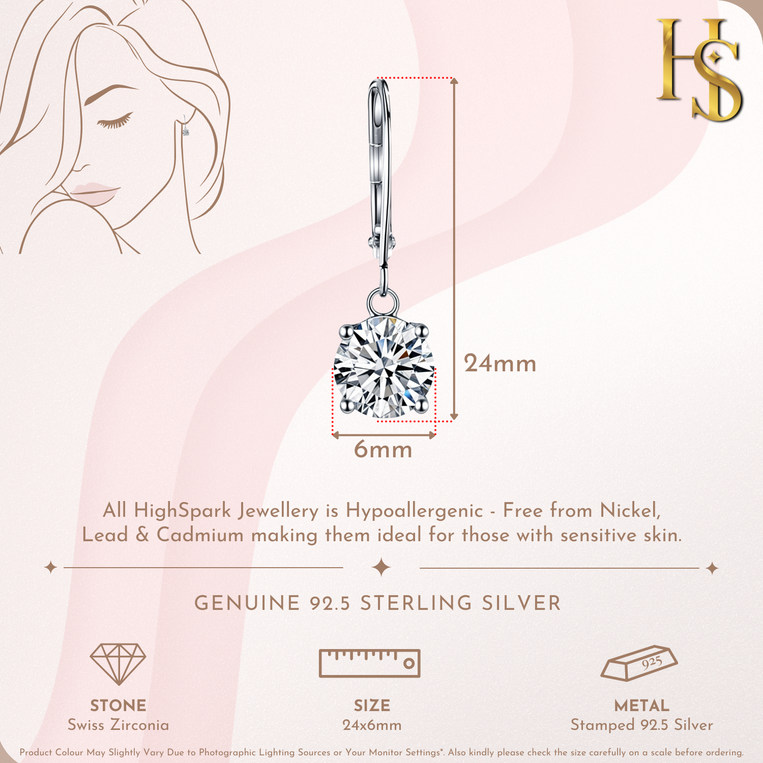 An infographic showing the dimensions of a sterling silver drop earring with a round American diamond solitaire in a four-prong setting.