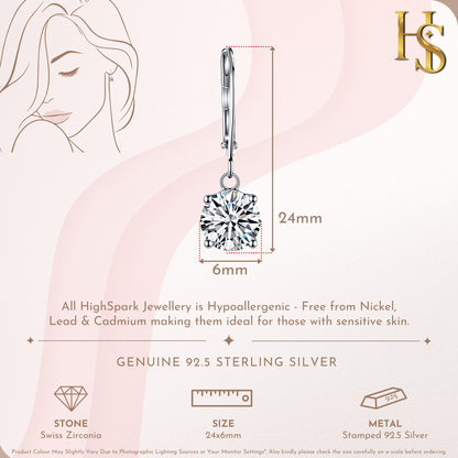 An infographic showing the dimensions of a sterling silver drop earring with a round American diamond solitaire in a four-prong setting.