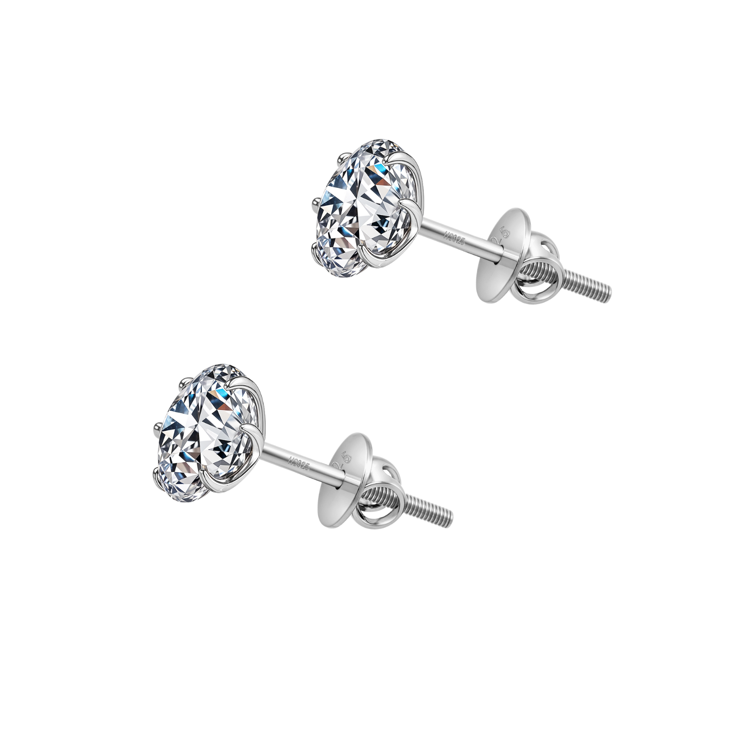 A pair of solitaire stud earrings with round American diamonds in a six-prong setting and secure screw backs, made from sterling silver.