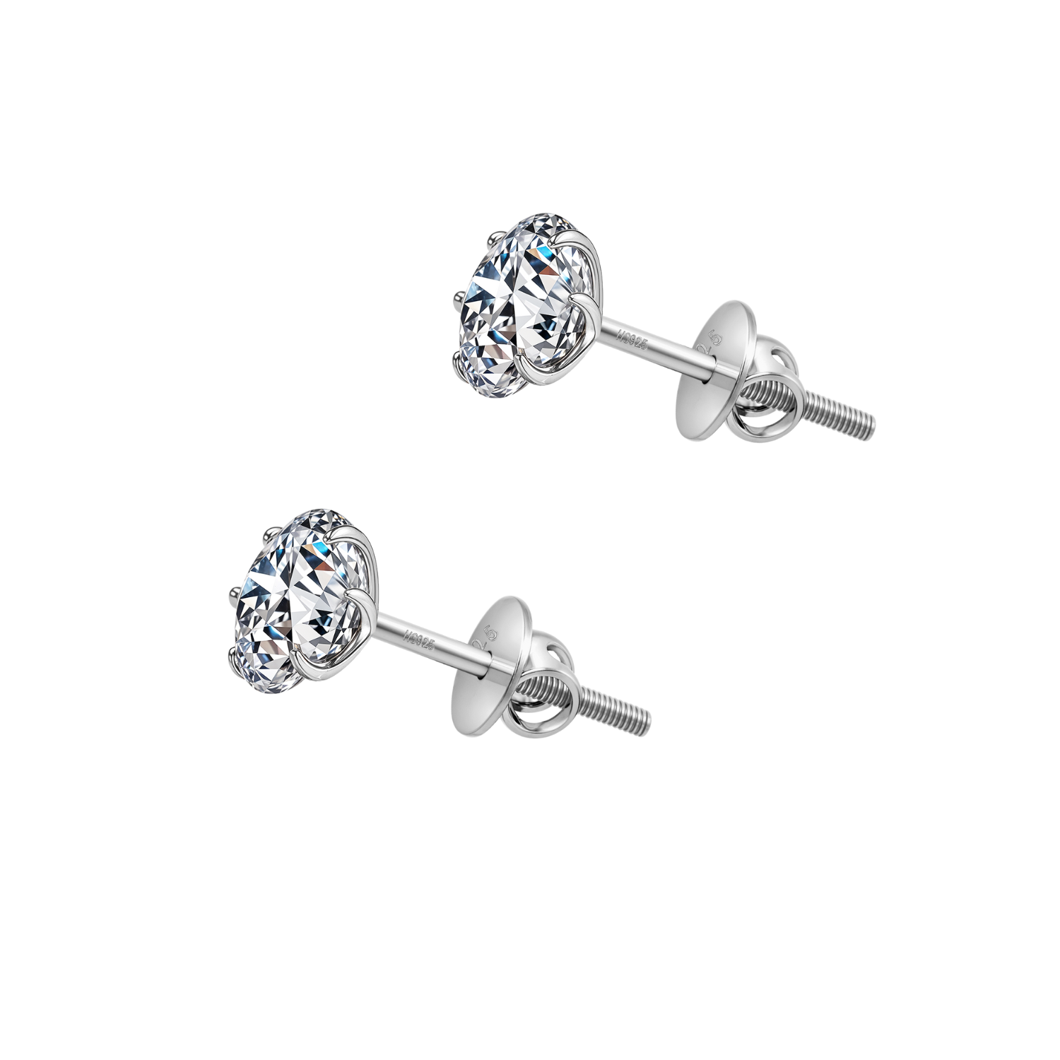 A pair of sterling silver stud earrings with round American diamonds in a six-prong setting and secure screw backs on a white background.