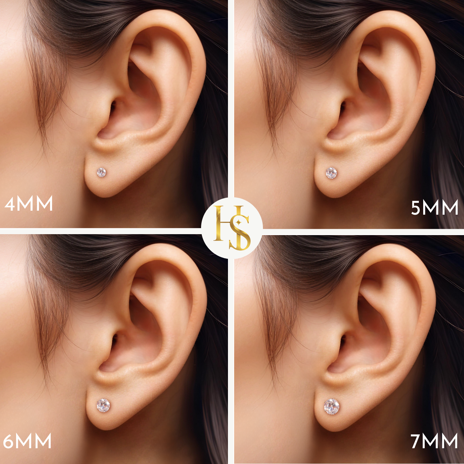 An infographic showing four sizes of round American diamond solitaire stud earrings from 4mm to 7mm worn on the ear for comparison.