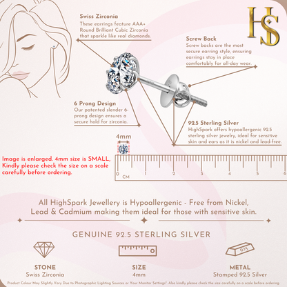 An infographic showing the features of a solitaire stud earring, including its 6-prong setting, screw back.