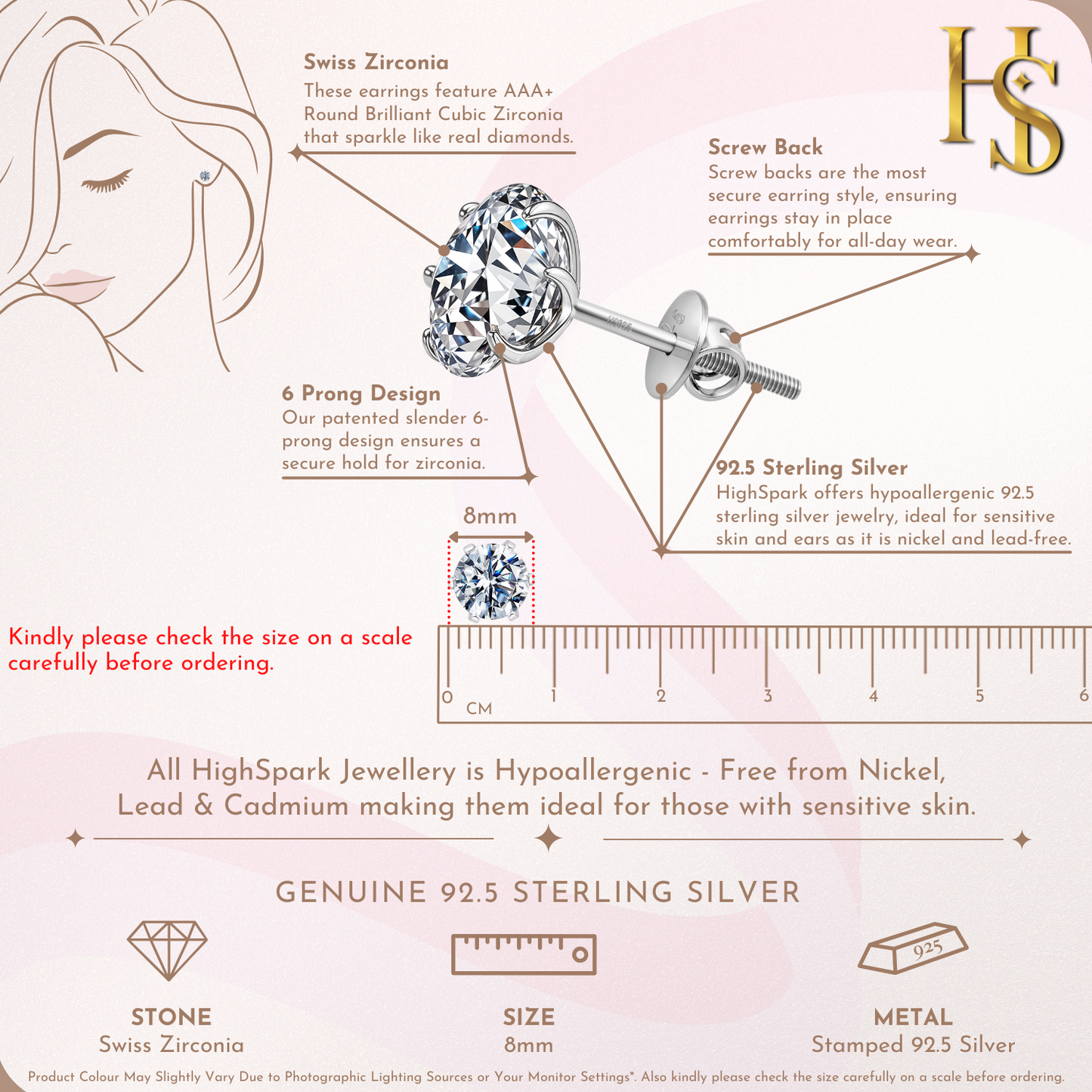 An infographic showing the features of sterling silver stud earrings.