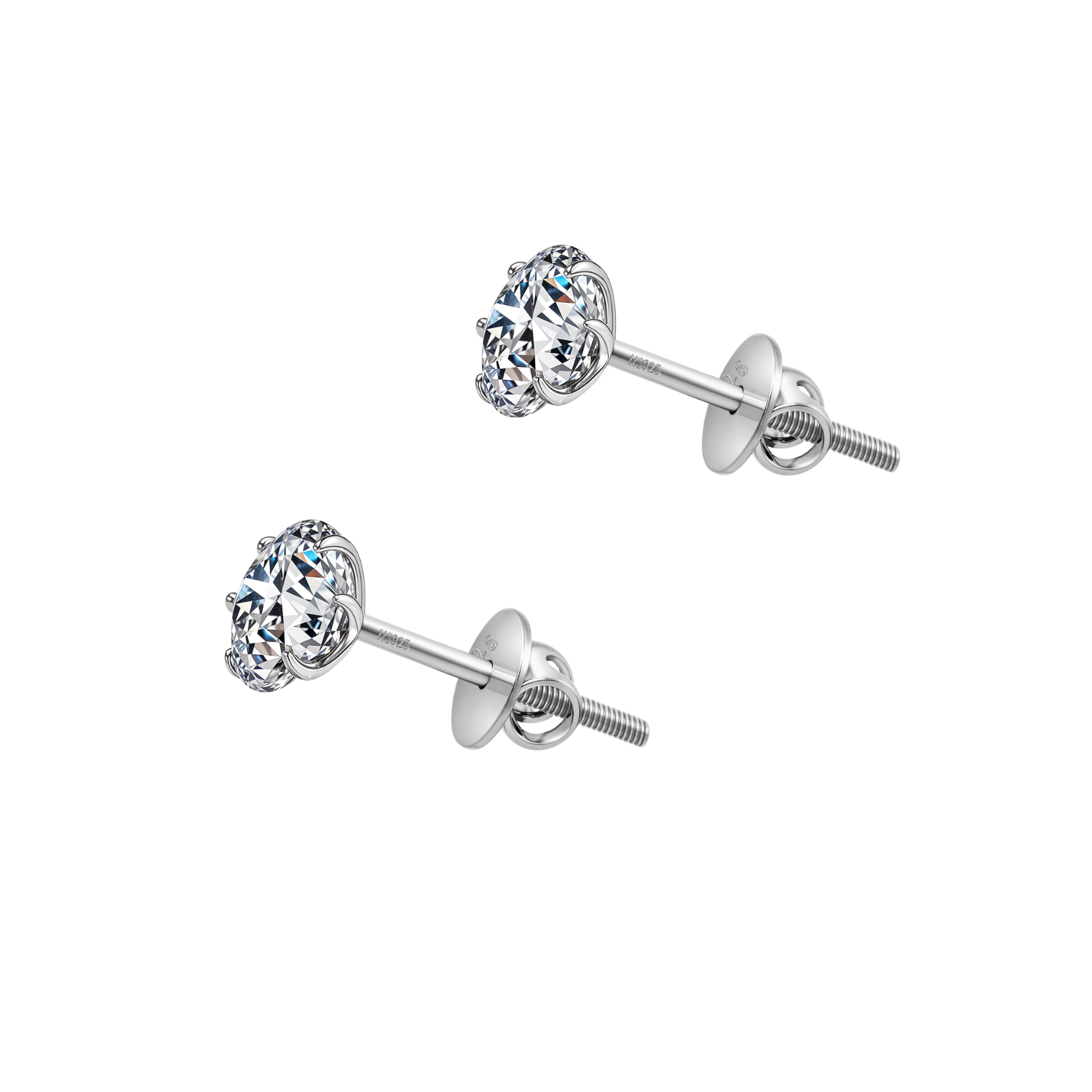 A pair of solitaire stud earrings with round American diamonds in a six-prong setting and secure screw backs, made from sterling silver.