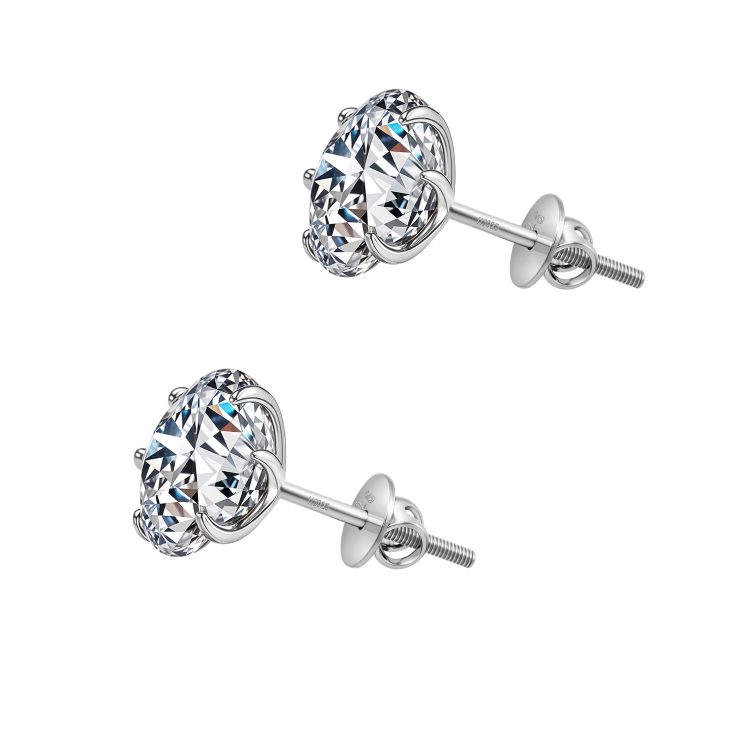 A pair of solitaire stud earrings with round American diamonds in a six-prong setting and secure screw backs, made of sterling silver.