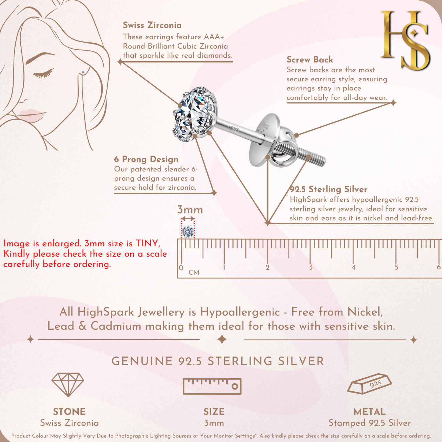 Screwback Solitaire Stud Earrings - 92.5 Silver - Round Cubic Zirconia Tops for everyday wear HighSpark