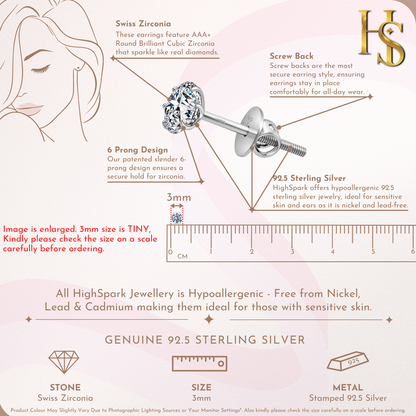 Screwback Solitaire Stud Earrings - 92.5 Silver - Round Cubic Zirconia Tops for everyday wear HighSpark