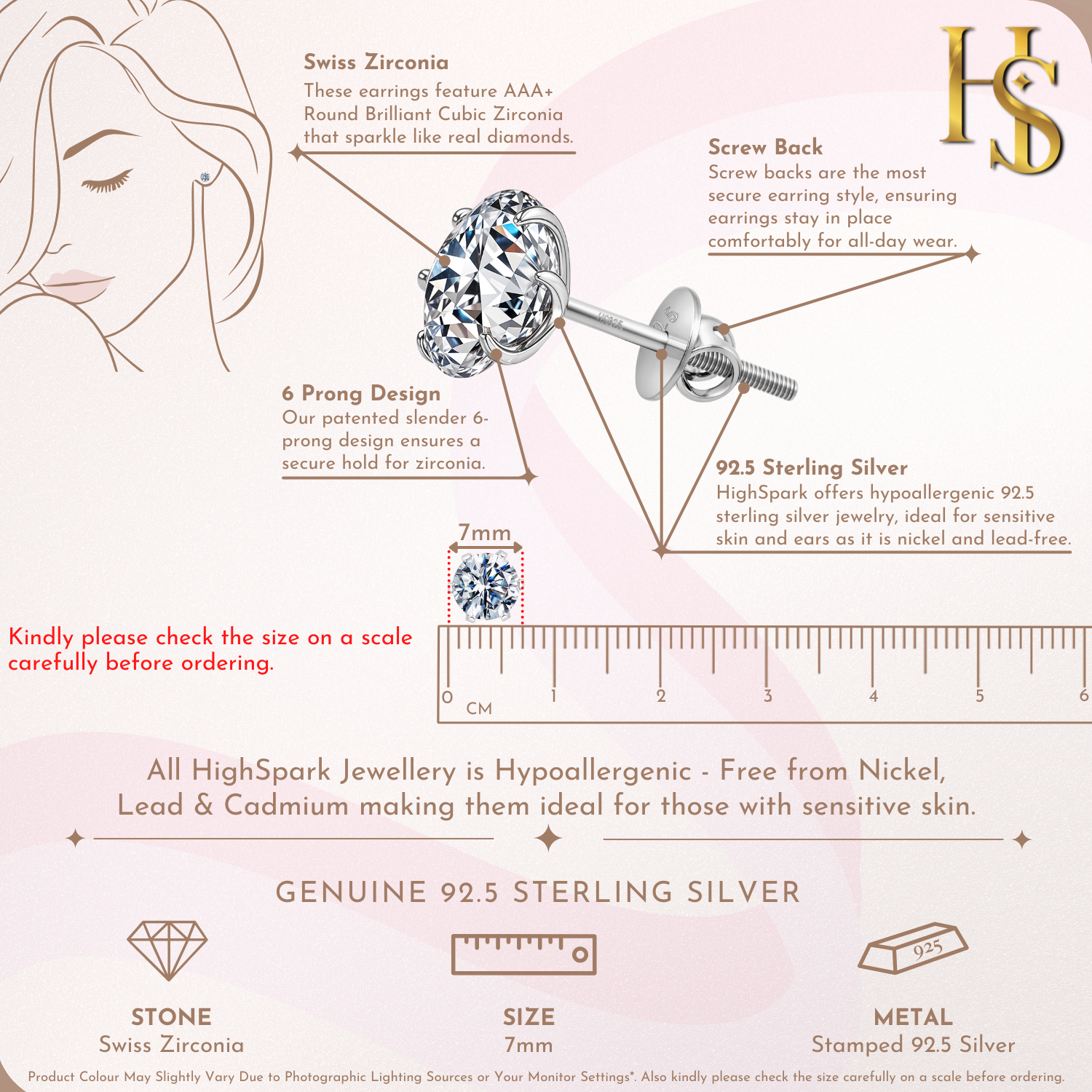 Screwback Solitaire Stud Earrings - 92.5 Silver - Round Cubic Zirconia Tops for everyday wear HighSpark