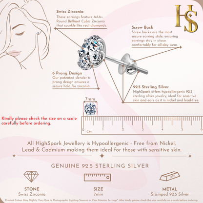 Screwback Solitaire Stud Earrings - 92.5 Silver - Round Cubic Zirconia Tops for everyday wear HighSpark