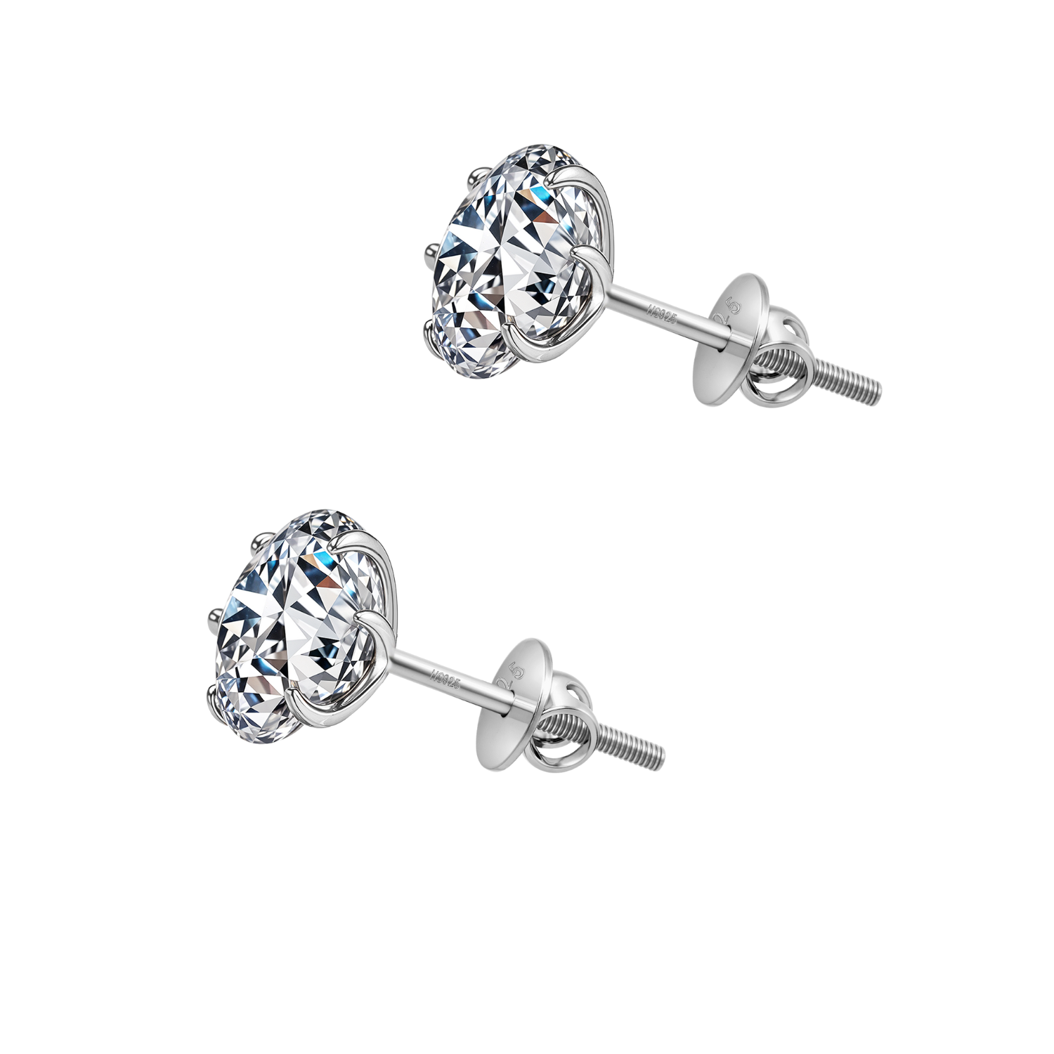 A pair of solitaire stud earrings with round American diamonds in a six-prong setting and secure screw backs, made from sterling silver.