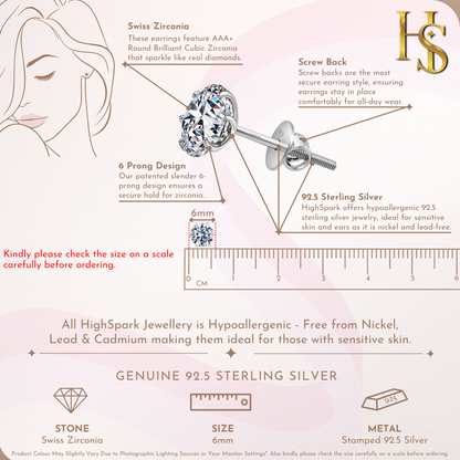Infographic showing the features of solitaire stud earrings, including a 6-prong setting, screw back.