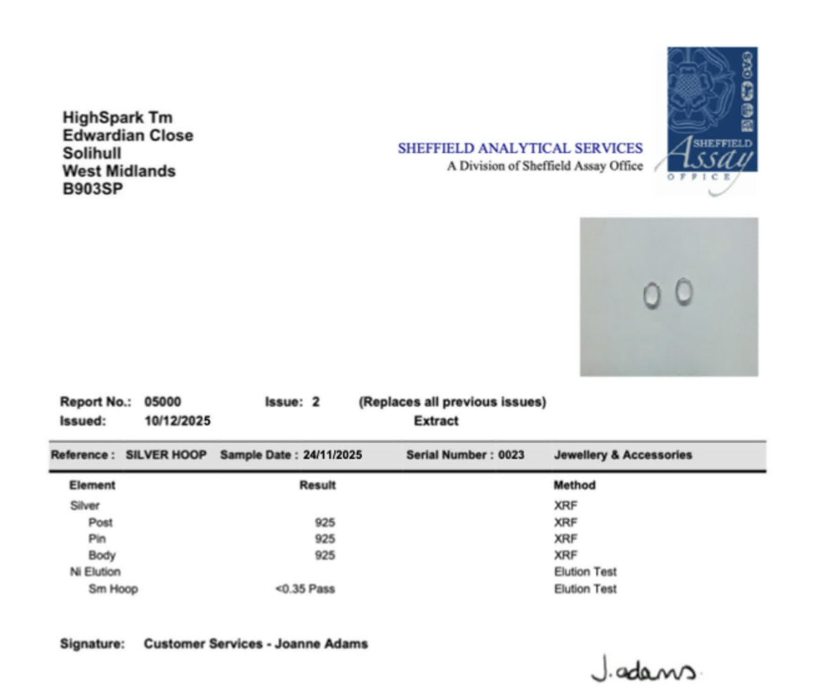 Sheffield Assay Office report 05000 issue 2 — 925 silver hoop, nickel elution pass, sampled 24 Nov 2025
