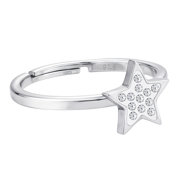 An adjustable sterling silver ring with a five-pointed star motif pavé-set with tiny round American diamonds on a white background.