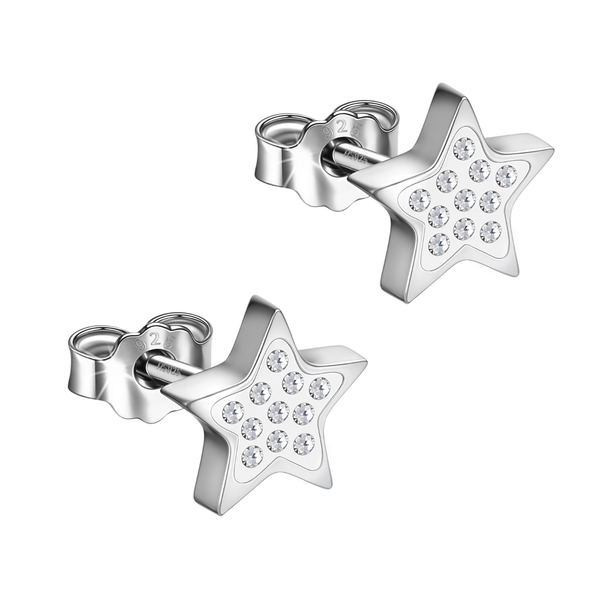 A pair of star-shaped stud earrings in sterling silver, pavé-set with round American diamonds and shown with their push-back clasps.