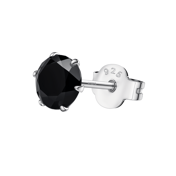 A single men's stud earring with a round black stone in a six-prong setting, made of sterling silver with a push-back closure.
